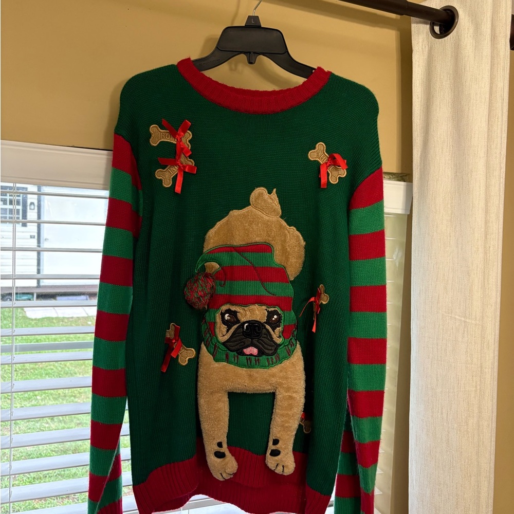 Festive Green and Red Crewneck Sweater with Pug Design